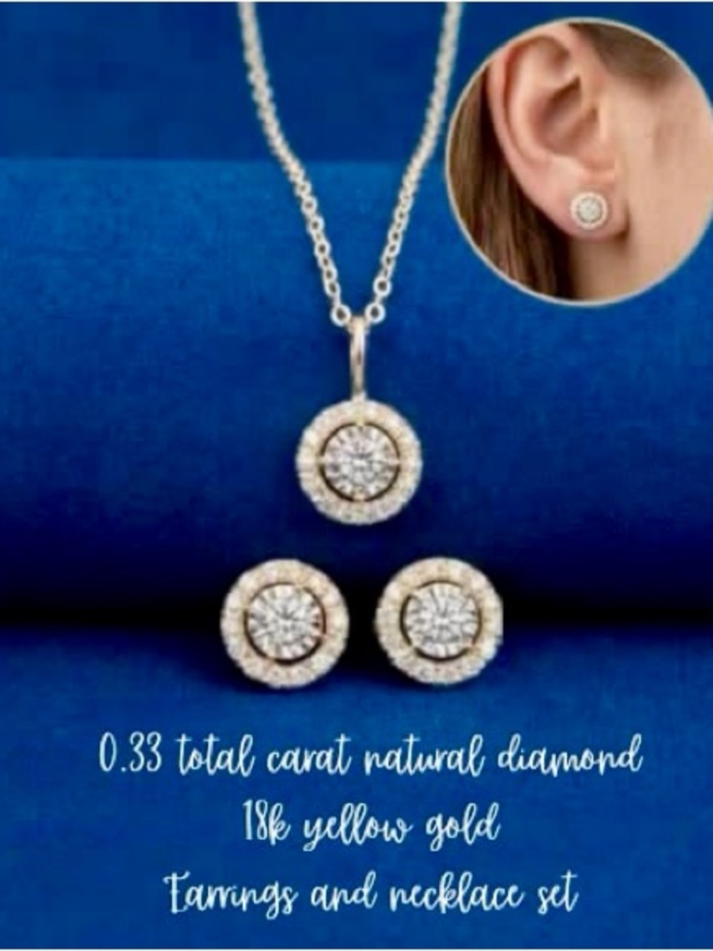 18K Yellow Gold Diamond Halo Necklace and Earring Set - Yellow Gold